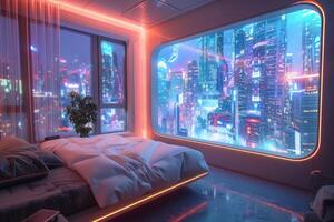 AI generated A futuristic bedroom with holographic projection walls photo