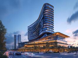 AI generated A contemporary office tower integrated into a mixed-use development, with retail spaces photo