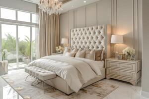 AI generated A luxury bedroom design with marble accents, custom cabinetry photo