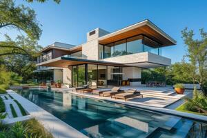 AI generated A modern house and its amenities framed against the azure sky photo