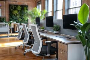 AI generated A minimalist modern office space with a modular bench desk photo