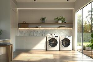 AI generated A high-tech laundry room design with smart appliances, touchscreen interfaces photo