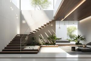 AI generated A modern luxury home interior boasting an open-concept layout and a grand staircase photo