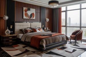 AI generated Art Deco-inspired bedroom with custom-built furniture photo