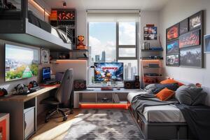 AI generated A gamer's bedroom with a themed gaming loft photo