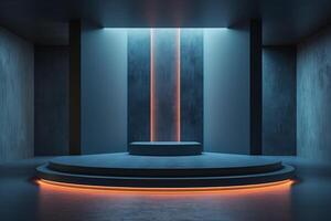 AI generated A minimalist podium adorned with dark hues and dramatic lighting photo