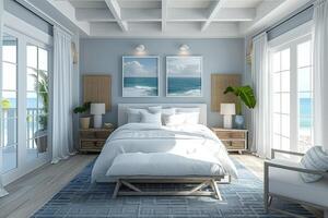 AI generated A coastal-style bedroom oasis, featuring crisp white linens photo