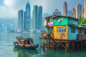 AI generated City skyline of Hong Kong from the tranquil shores of Tai O photo