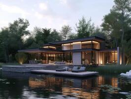 AI generated A contemporary house nestled on the shores of a tranquil lake photo