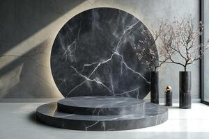 AI generated A minimalist podium adorned with elegant marble textures photo