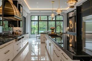 AI generated Art Deco-inspired kitchen, featuring sleek lines, mirrored surfaces photo