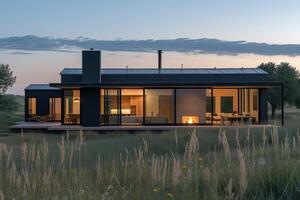 AI generated A modern minimalist house surrounded by rolling hills and open fields photo