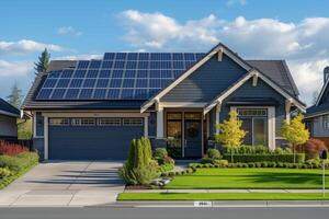 AI generated An eco-conscious suburban home with solar panels photo