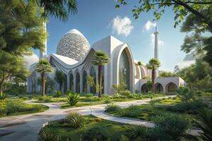 A modern mosque surrounded by lush parkland and verdant gardens photo