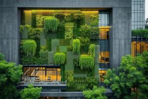 ai generado un minimalista oficina edificio exterior con integrado verde espacios foto