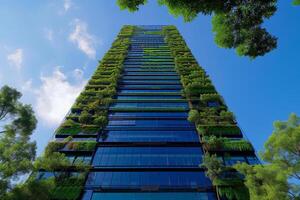 ai generado un moderno oficina torre Reconocido para sus verde edificio innovaciones foto