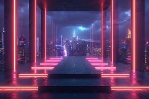 AI generated A sleek podium featuring neon lights photo