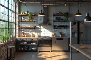 AI generated An industrial-style home kitchen, showcasing a mix of stainless steel appliances photo