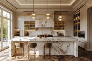 AI generated An elegant kitchen with luxury finishes, complete with marble countertops photo