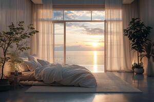 AI generated A coastal bedroom scene at dusk, with soft photo