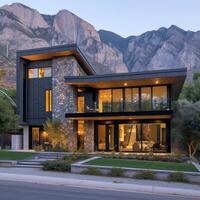 AI generated A modern house nestled in the shadow of towering mountains photo