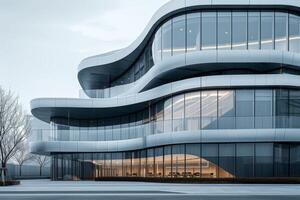 AI generated A minimalist office building facade with sculptural forms, dynamic volumes, and rhythmic patterns photo