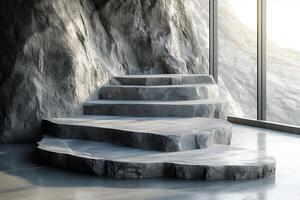 AI generated A minimalist podium adorned with rugged rock textures photo