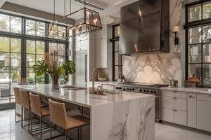 AI generated A luxury kitchen, characterized by marble countertops photo