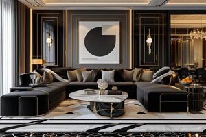 AI generated A lavish Art Deco living room design featuring a monochromatic color scheme photo