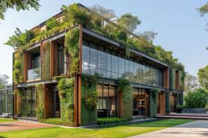 AI generated A sustainable office building facade made from locally sourced and recycled materials photo