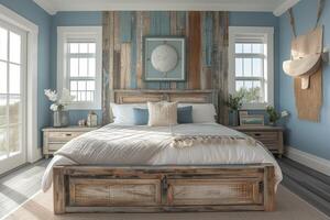 AI generated A coastal bedroom with walls adorned with shiplap paneling photo