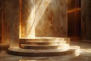 AI generated A minimalist podium adorned with gleaming gold finishes photo