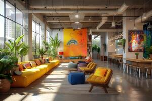 AI generated A vibrant scene of a creative coworking space, characterized by colorful decor photo