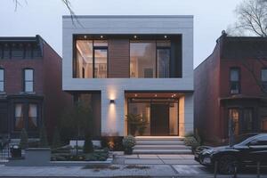 AI generated A modern minimalist house nestled among the historic buildings of downtown photo