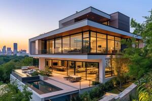 AI generated A modern house nestled amidst the bustling cityscape photo