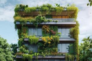 AI generated An eco house in downtown with vertical gardens photo