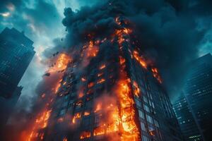 ai generado edificio atrapado en llamas foto