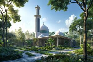 A modern mosque surrounded by lush parkland and verdant gardens photo