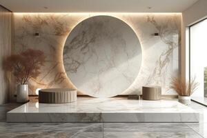 AI generated A podium with minimalist design features, accented by luxurious marble textures photo