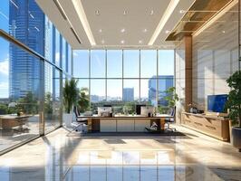 AI generated An office background featuring a sleek glass facade, with floor-to-ceiling windows offering panoramic views of the surrounding cityscape photo