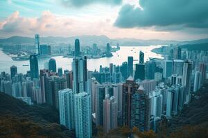 ai generado ciudad horizonte de hong kong desde el perspectiva de victoria pico foto