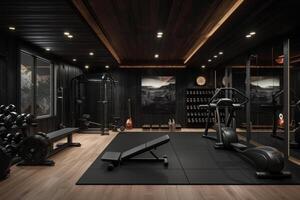 AI generated A black-themed home gym, complete with black rubber flooring, mirrored walls photo