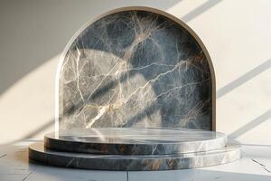 AI generated A podium with minimalist aesthetics, featuring refined marble textures photo
