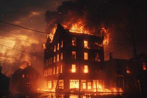 ai generado edificio atrapado en llamas foto