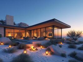 AI generated A contemporary desert retreat illuminated by the soft glow of lanterns and fire pits photo