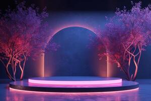 AI generated A sleek podium characterized by its minimalist neon trees photo