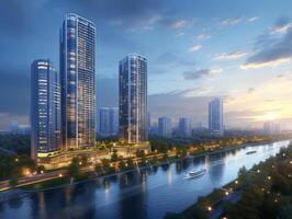 AI generated A skyline office building scene along the banks of a majestic river photo