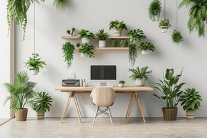 AI generated A minimalist office interior featuring a suspended plant installation photo
