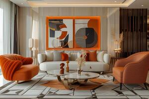 AI generated Art Deco-inspired living room featuring bold geometric patterns, luxe materials photo