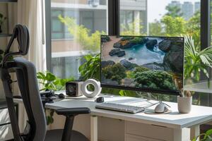 AI generated A modern PC setup featuring a standing desk with adjustable height options photo